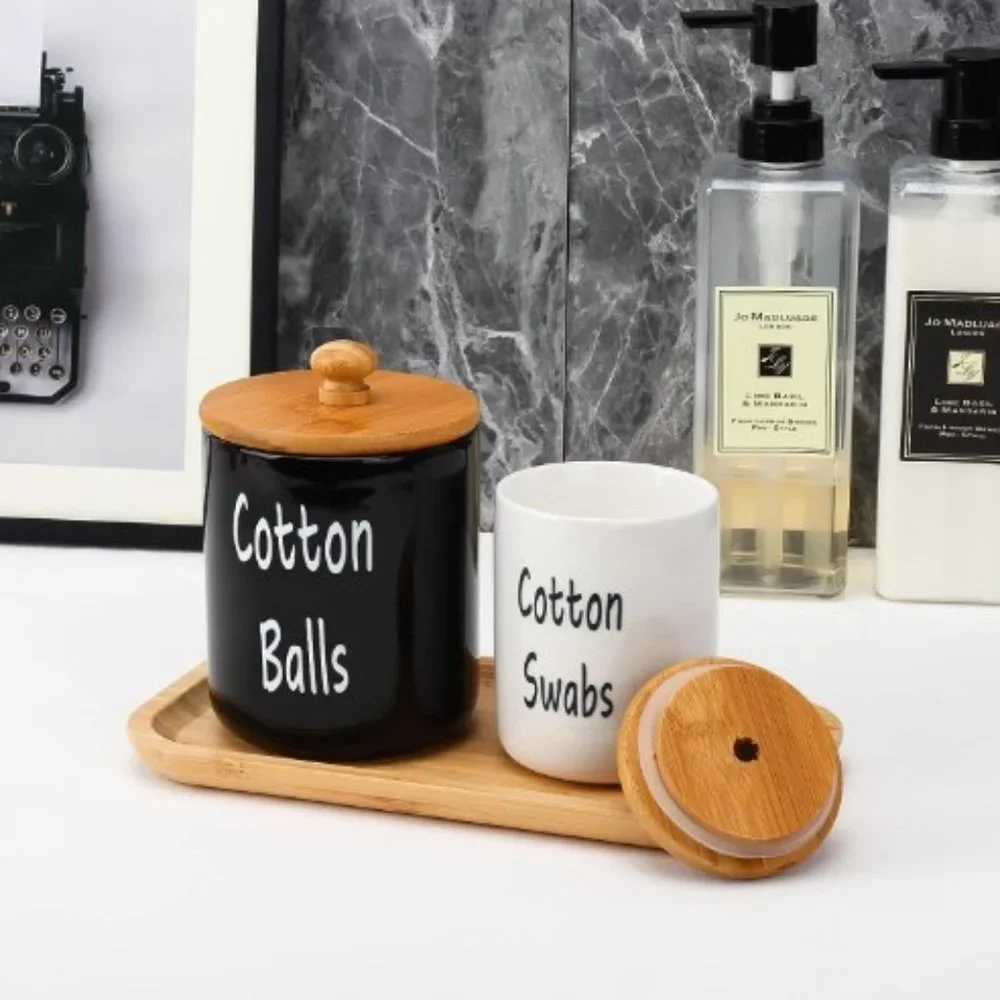 Set of 2 - Ceramic Bathroom Accessory Jars  (2 Sizes/ Black & White)